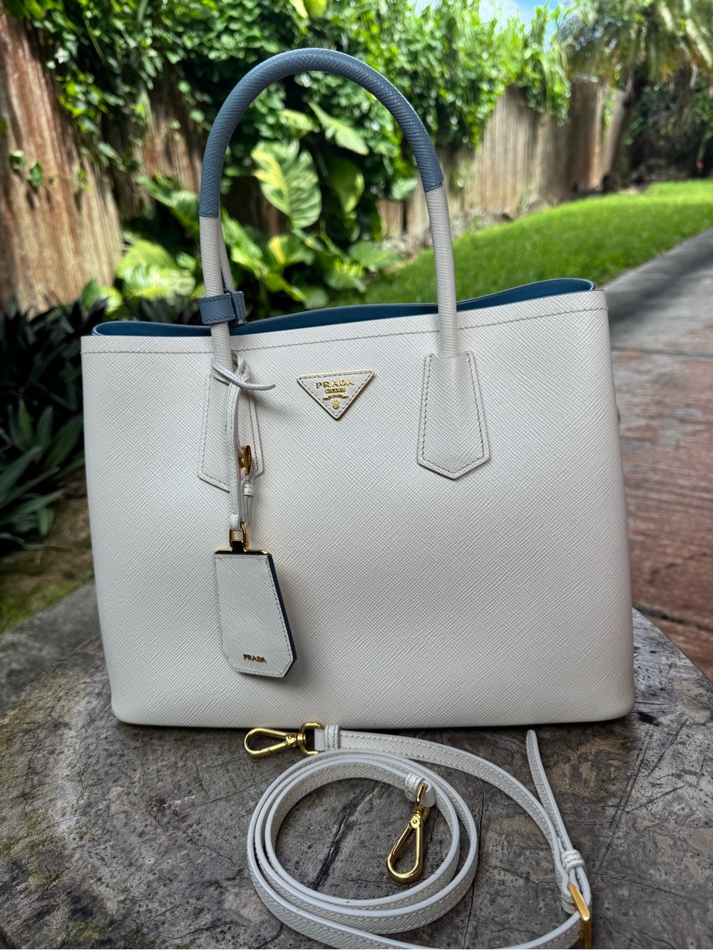 Prada Cream Saffiano Leather Tote with Blue Trim - Picture 14 of 14